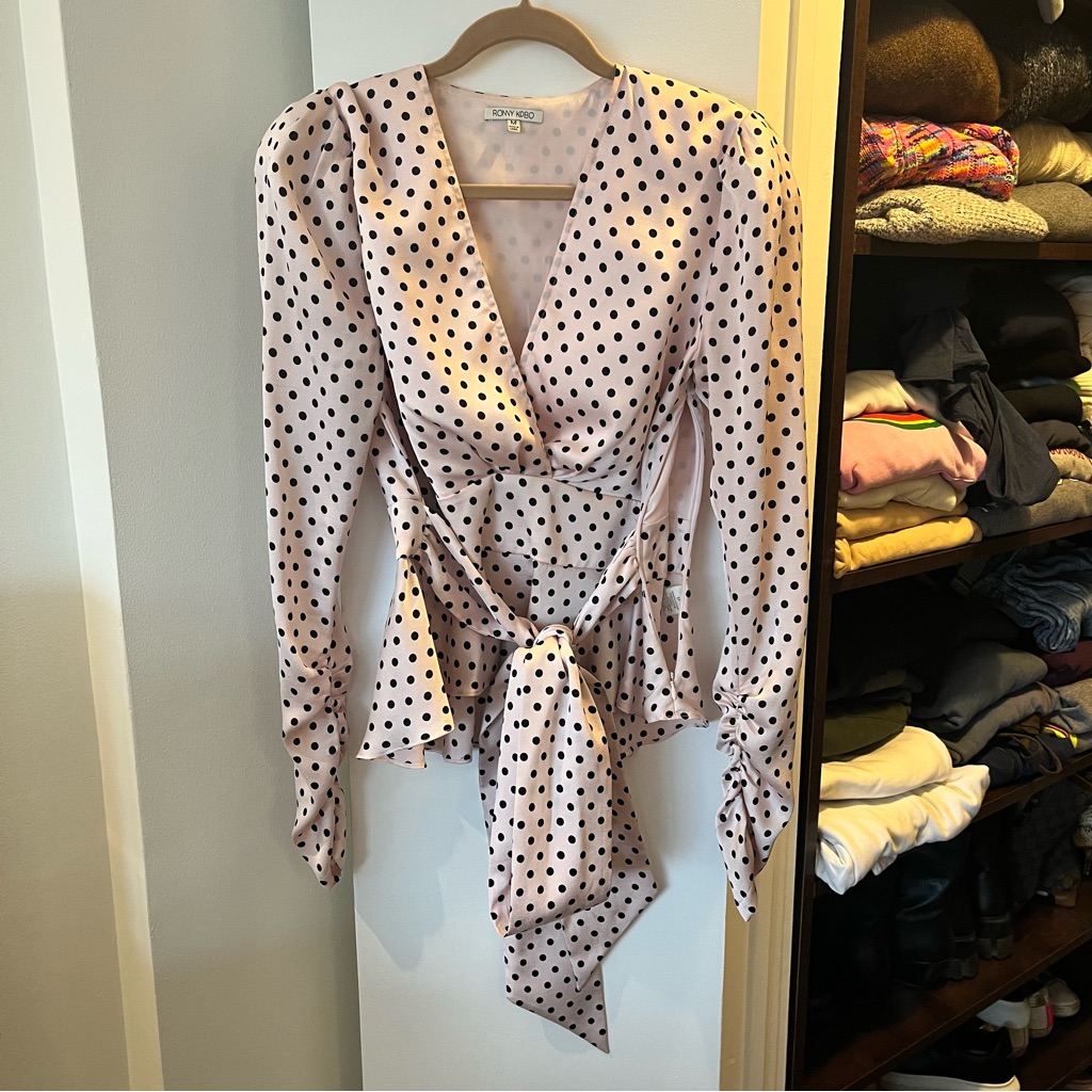 Ronny Kobo Long Sleeve Top Size M Pink And Black Polka Dots